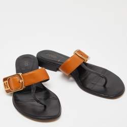 Pre Owned Fendi Brown/Black Leather Buckle Thong Slide Flats Size 35