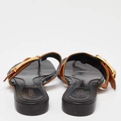 Pre Owned Fendi Brown/Black Leather Buckle Thong Slide Flats Size 35