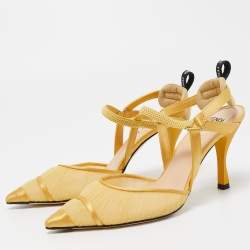 Pre Owned Fendi Yellow Mesh and Satin Colibri Lite Slingback Pumps Size 36