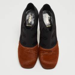 Pre Owned Fendi Brown/Black Calf Hair and Satin Ankle Booties Size 37