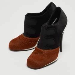 Pre Owned Fendi Brown/Black Calf Hair and Satin Ankle Booties Size 37