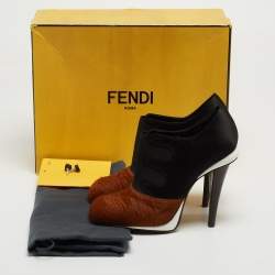 Pre Owned Fendi Brown/Black Calf Hair and Satin Ankle Booties Size 37