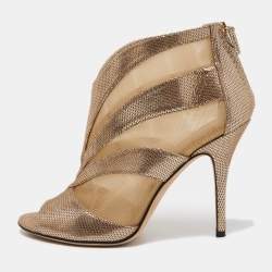Fendi Metallic/Beige Laminated Suede and Mesh Open Toe Ankle Booties Size 38