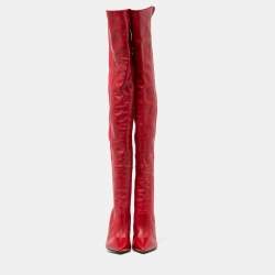 Pre Owned Fendi Red Leather and Knit Fabric Rockoko Thigh High Boots Size 37