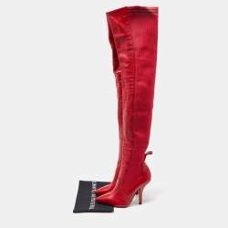 Pre Owned Fendi Red Leather and Knit Fabric Rockoko Thigh High Boots Size 37