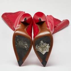 Pre Owned Fendi Red Leather and Knit Fabric Rockoko Thigh High Boots Size 37