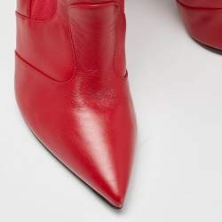 Pre Owned Fendi Red Leather and Knit Fabric Rockoko Thigh High Boots Size 37