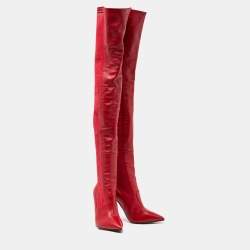 Pre Owned Fendi Red Leather and Knit Fabric Rockoko Thigh High Boots Size 37