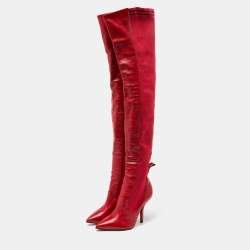 Pre Owned Fendi Red Leather and Knit Fabric Rockoko Thigh High Boots Size 37
