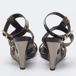 مملوكة مسبقًا Fendi Brown/Beige Canvas and Leather Wedge Sandals Size 39