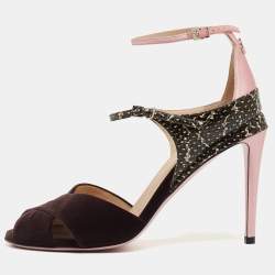 Pre Owned Fendi Multicolor Python Embossed Leather and Velvet Ankle Strap Sandals  Size 38.5