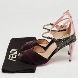Pre Owned Fendi Multicolor Python Embossed Leather and Velvet Ankle Strap Sandals  Size 38.5