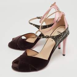 Pre Owned Fendi Multicolor Python Embossed Leather and Velvet Ankle Strap Sandals  Size 38.5