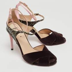 Pre Owned Fendi Multicolor Python Embossed Leather and Velvet Ankle Strap Sandals  Size 38.5