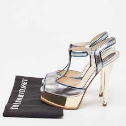 Fendi Tricolor Patent Leather T Strap Peep Toe Platform Sandals Size 38.5
