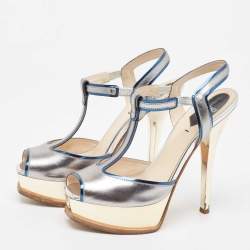 Fendi Tricolor Patent Leather T Strap Peep Toe Platform Sandals Size 38.5