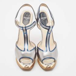 Fendi Tricolor Patent Leather T Strap Peep Toe Platform Sandals Size 38.5