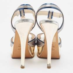 Fendi Tricolor Patent Leather T Strap Peep Toe Platform Sandals Size 38.5