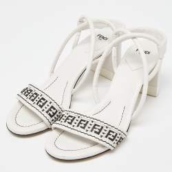 Pre Owned Fendi White/Black Leather Block Heel Ankle Strap Sandals Size 38