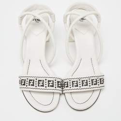 Pre Owned Fendi White/Black Leather Block Heel Ankle Strap Sandals Size 38