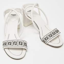Pre Owned Fendi White/Black Leather Block Heel Ankle Strap Sandals Size 38