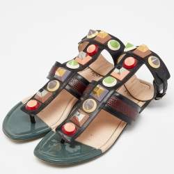 Pre Owned Fendi Multicolor Leather Studded Ankle Strap Flat Sandals Size 35