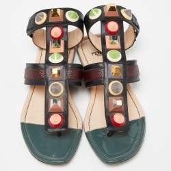 Pre Owned Fendi Multicolor Leather Studded Ankle Strap Flat Sandals Size 35