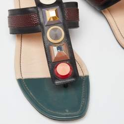 Pre Owned Fendi Multicolor Leather Studded Ankle Strap Flat Sandals Size 35