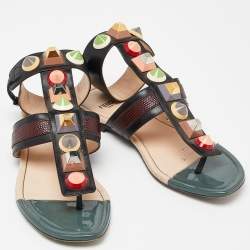 Pre Owned Fendi Multicolor Leather Studded Ankle Strap Flat Sandals Size 35