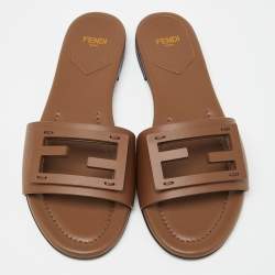 Pre Owned Fendi Brown Leather Flat Slide Size 38