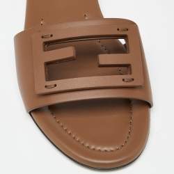 Pre Owned Fendi Brown Leather Flat Slide Size 38