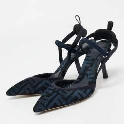 Pre Owned Fendi Navy Blue/Black Zucca Velvet Colibri Pumps Size 37.5