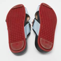 Pre Owned Fendi Blue/Black Leather Flowerland Slides Size 36