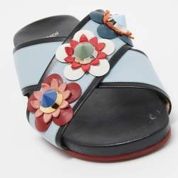 Pre Owned Fendi Blue/Black Leather Flowerland Slides Size 36