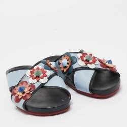 Pre Owned Fendi Blue/Black Leather Flowerland Slides Size 36