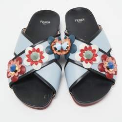 Pre Owned Fendi Blue/Black Leather Flowerland Slides Size 36