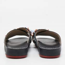 Pre Owned Fendi Blue/Black Leather Flowerland Slides Size 36