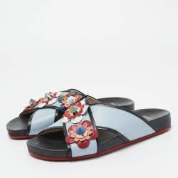 Pre Owned Fendi Blue/Black Leather Flowerland Slides Size 36