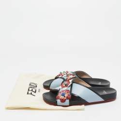Pre Owned Fendi Blue/Black Leather Flowerland Slides Size 36