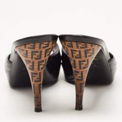 Pre Owned Fendi Black Patent Leather Peep Toe Platform Slide Sandals Size 39