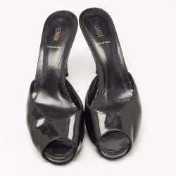 Pre Owned Fendi Black Patent Leather Peep Toe Platform Slide Sandals Size 39