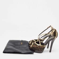 مملوكة مسبقًا Fendi Brown  Zucca Canvas And Gold Leather Trim Cross Strap Platform Sandals  Size 37