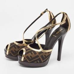 مملوكة مسبقًا Fendi Brown  Zucca Canvas And Gold Leather Trim Cross Strap Platform Sandals  Size 37