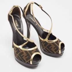 مملوكة مسبقًا Fendi Brown  Zucca Canvas And Gold Leather Trim Cross Strap Platform Sandals  Size 37