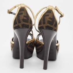 مملوكة مسبقًا Fendi Brown  Zucca Canvas And Gold Leather Trim Cross Strap Platform Sandals  Size 37