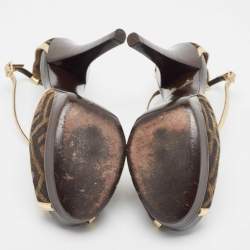 مملوكة مسبقًا Fendi Brown  Zucca Canvas And Gold Leather Trim Cross Strap Platform Sandals  Size 37