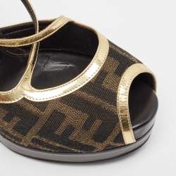 مملوكة مسبقًا Fendi Brown  Zucca Canvas And Gold Leather Trim Cross Strap Platform Sandals  Size 37