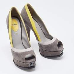 Pre Owned Fendi Grey/Yellow Suede Fendista Peep Toe Platform Pumps Size 36