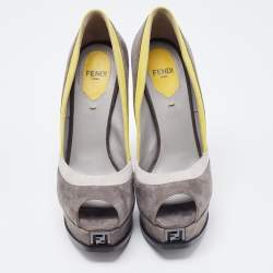 Pre Owned Fendi Grey/Yellow Suede Fendista Peep Toe Platform Pumps Size 36