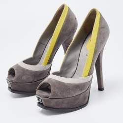 Pre Owned Fendi Grey/Yellow Suede Fendista Peep Toe Platform Pumps Size 36